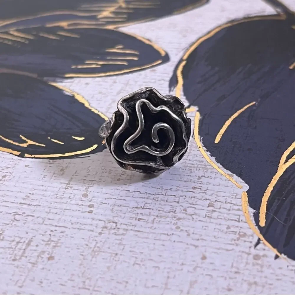 Vintage 925 Sterling Silver Abstract Rose Unique Floral Design Ring